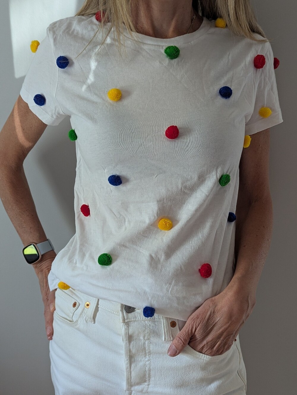 White Pom-Pom Dot Tee - Multicolor Pom Accents